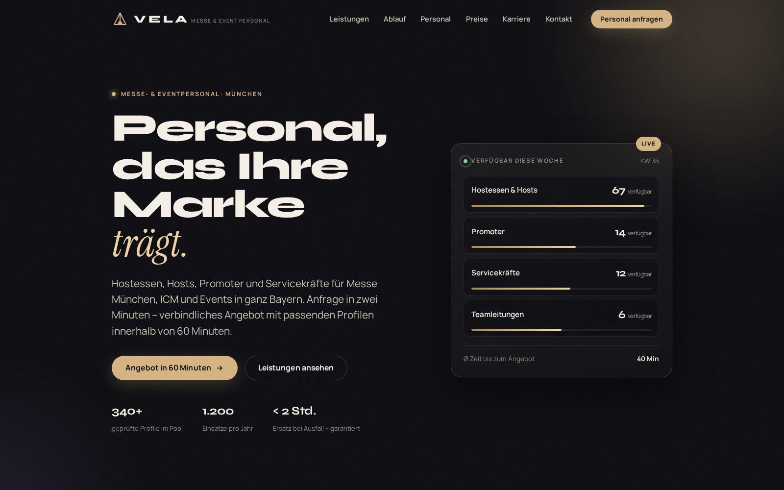 Startseite der Demo-Website VELA Eventpersonal: dunkles Design mit Live-Verfügbarkeit und Angebot in 60 Minuten